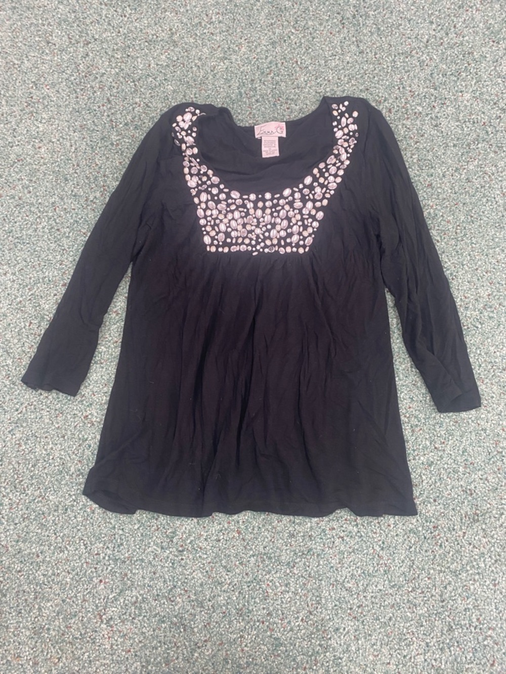 Emma G Black Long Sleeve Scoop Neck Top with Silver Beaded Detail